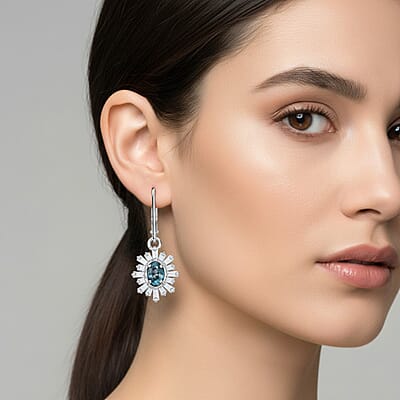 D'Joy Cambodian Blue Zircon, Moissanite Earrings in Rhodium Over Sterling Silver 2.60 ctw