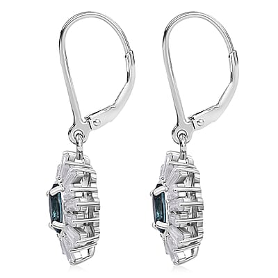 D'Joy Cambodian Blue Zircon, Moissanite Earrings in Rhodium Over Sterling Silver 2.60 ctw