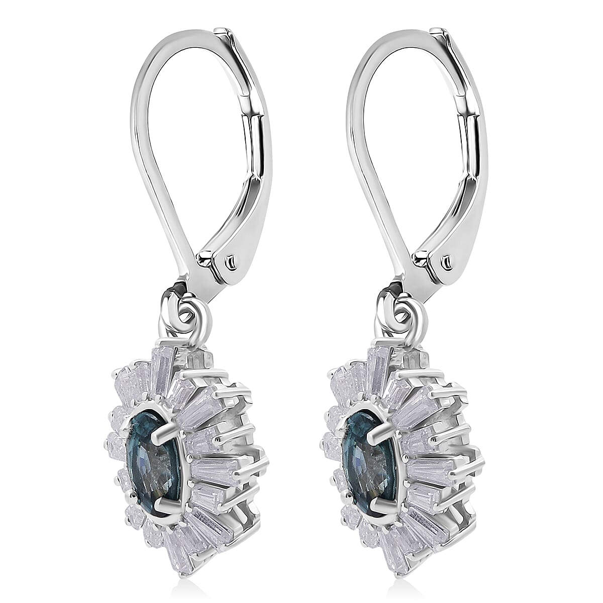 D'Joy Premium Cambodian Blue Zircon and Moissanite 2.60 ctw Azure Flare Earrings in Rhodium Over Sterling Silver image number 4