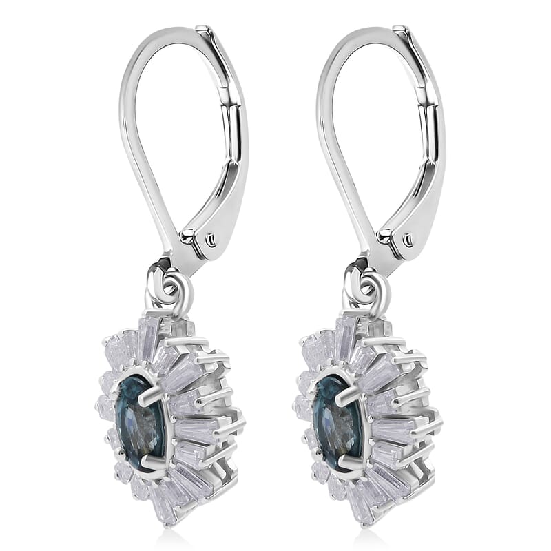 D'Joy Premium Cambodian Blue Zircon and Moissanite 2.60 ctw Azure Flare Earrings in Rhodium Over Sterling Silver