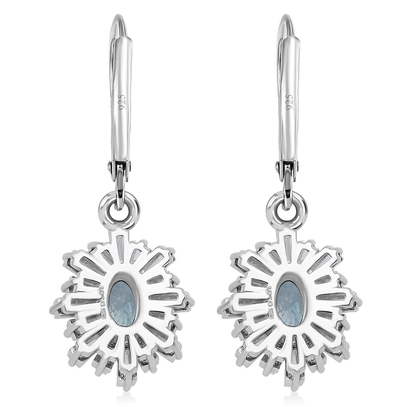 D'Joy Premium Cambodian Blue Zircon and Moissanite 2.60 ctw Azure Flare Earrings in Rhodium Over Sterling Silver