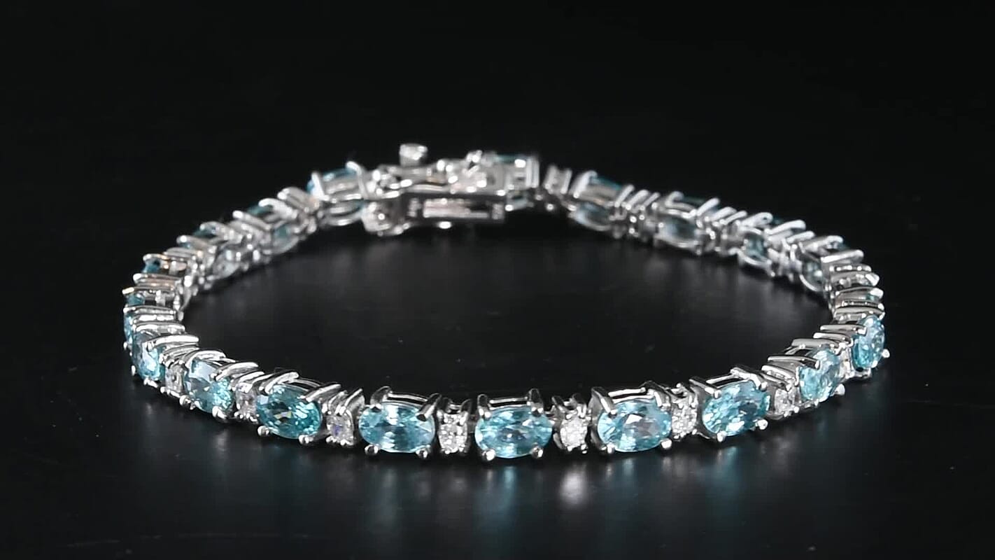 D'Joy Premium Cambodian Blue Zircon, Moissanite Bracelet in Rhodium Over Sterling Silver (6.50 In) 19.10 ctw