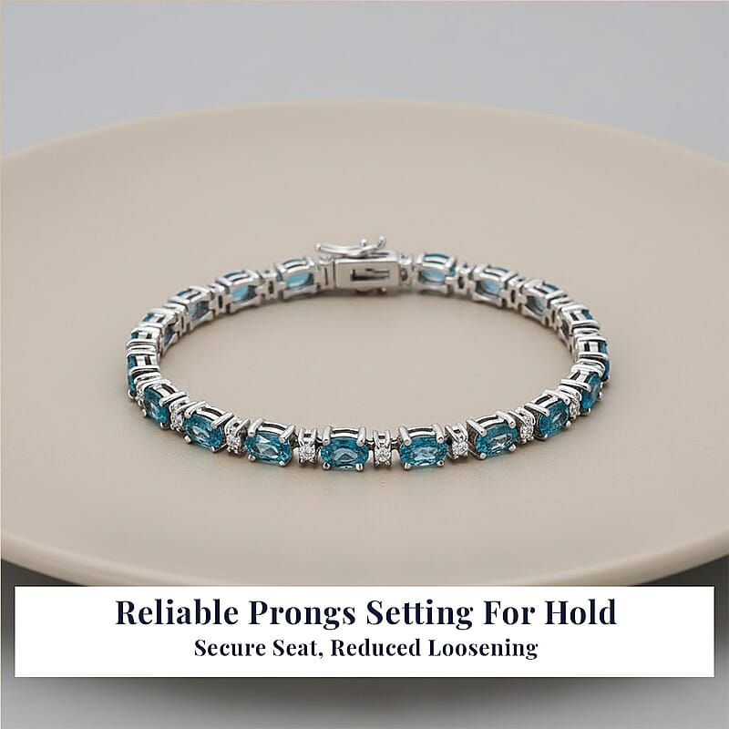 D'Joy Premium Cambodian Blue Zircon and Moissanite 19.10 ctw Ocean Glow Bracelet in Rhodium Over Sterling Silve (7.25 In) (Del. in 10-12 Days) 