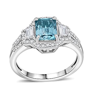 D'Joy Cambodian Blue Zircon, White Zircon Ring in Rhodium Over Sterling Silver 2.80 ctw (Size 6.0)