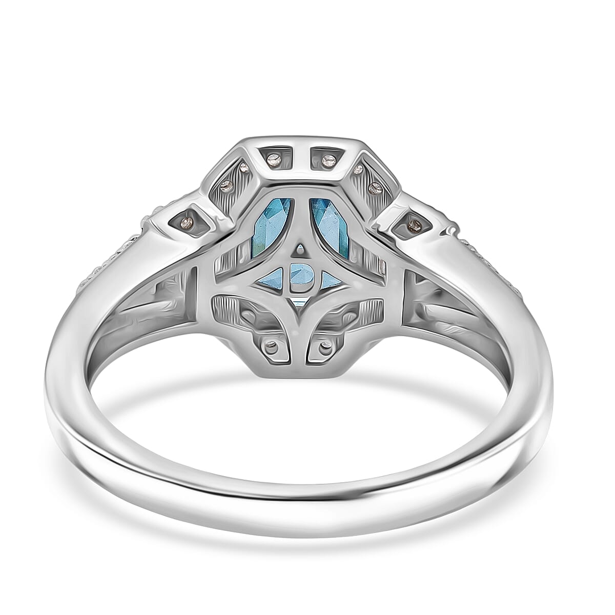 D'Joy Premium Cambodian Blue Zircon and White Zircon 2.80 ctw Regal Deco Ring in Rhodium Over Sterling Silver (Size 7.0) image number 4