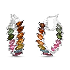 D'Joy Premium Multi Tourmaline 6.50 ctw Shades of Forever Hoop Earrings in Rhodium Over Sterling Silver