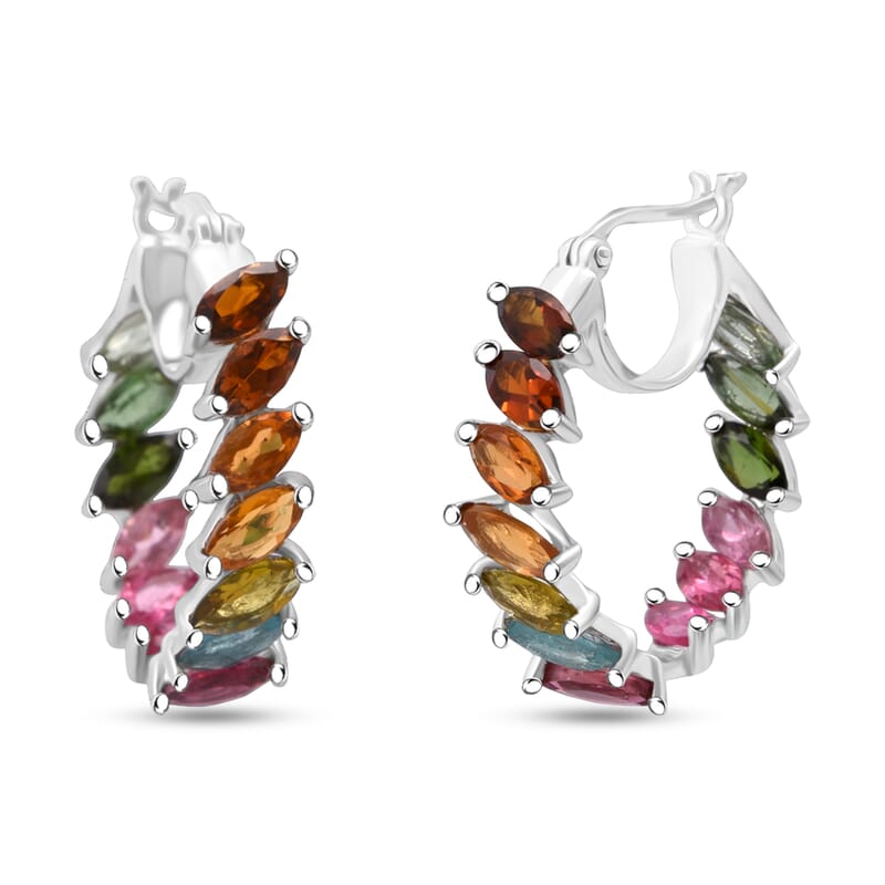 D'Joy Premium Multi Tourmaline 6.50 ctw Shades of Forever Hoop Earrings in Rhodium Over Sterling Silver