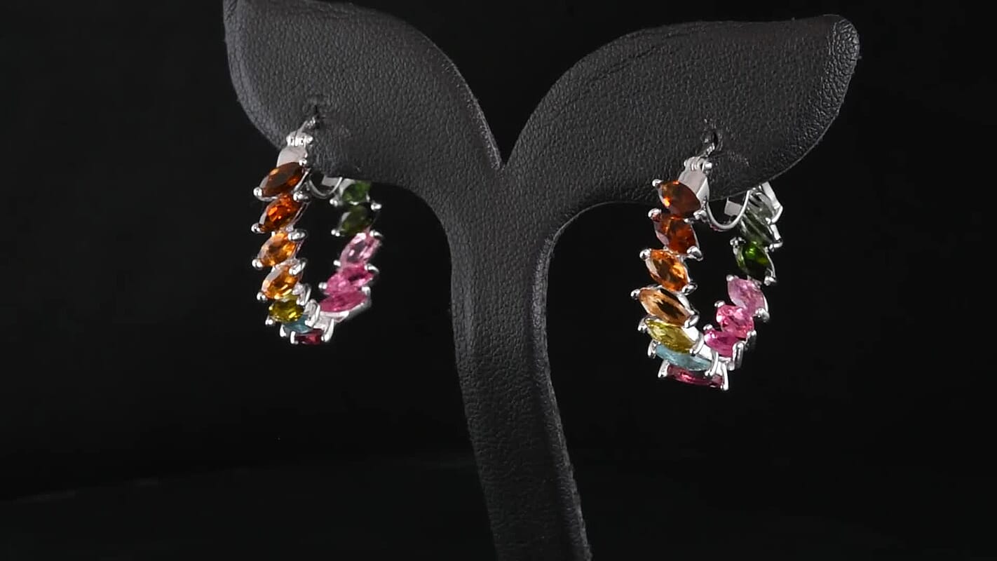 D'Joy Premium Multi Tourmaline 6.50 ctw Shades of Forever Hoop Earrings in Rhodium Over Sterling Silver