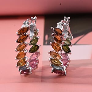 D'Joy Premium Multi Tourmaline 6.50 ctw Shades of Forever Hoop Earrings in Rhodium Over Sterling Silver
