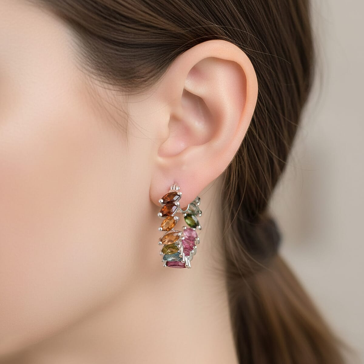 D'Joy Premium Multi Tourmaline 6.50 ctw Shades of Forever Hoop Earrings in Rhodium Over Sterling Silver image number 2