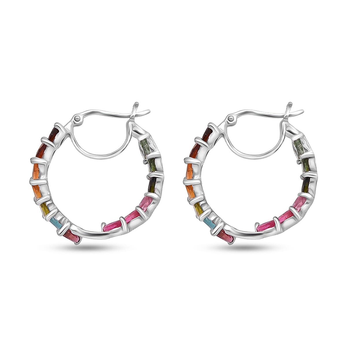 D'Joy Premium Multi Tourmaline 6.50 ctw Shades of Forever Hoop Earrings in Rhodium Over Sterling Silver image number 3