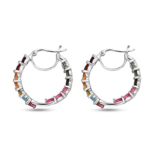 D'Joy Premium Multi Tourmaline 6.50 ctw Shades of Forever Hoop Earrings in Rhodium Over Sterling Silver