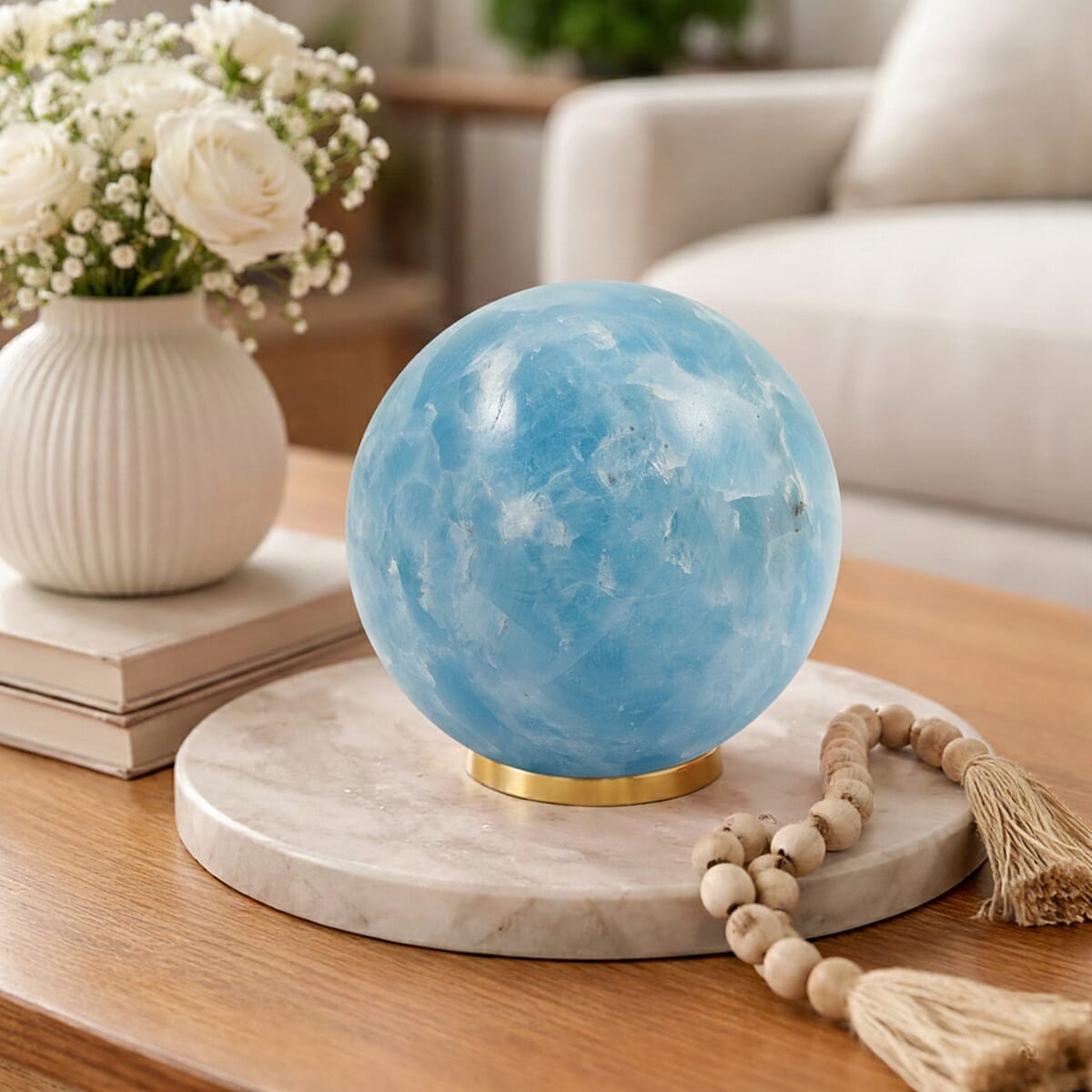 Calcite Blue Sphere (Ball) -Medium 1295ctw with Free Wooden Tripod Cobra Stand image number 1