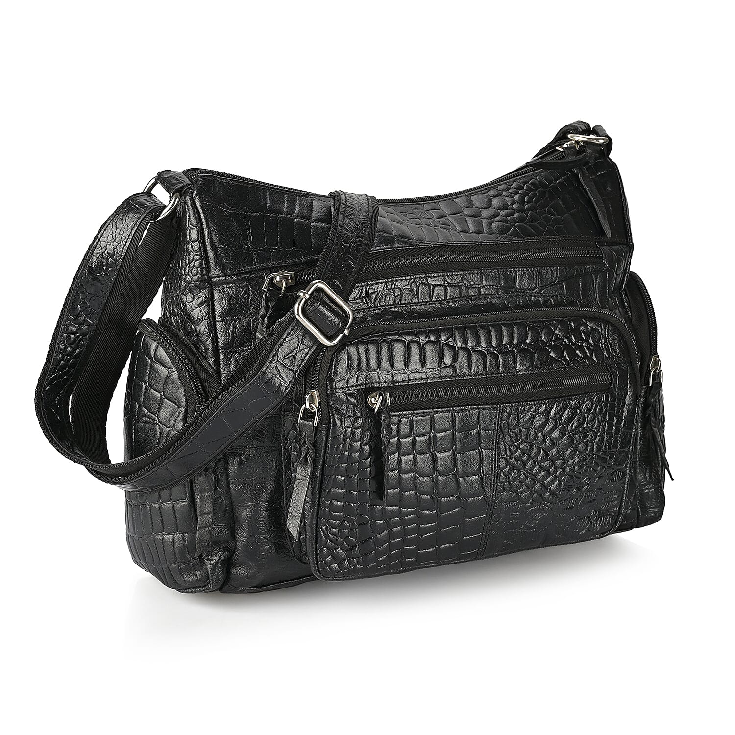 La Marey Black Croco Genuine Leather Multi Pocket Sling Crossbody Bag with Front Pocket