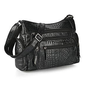 La Marey Black Croco Genuine Leather Multi Pocket Sling Crossbody Bag with Front Pocket