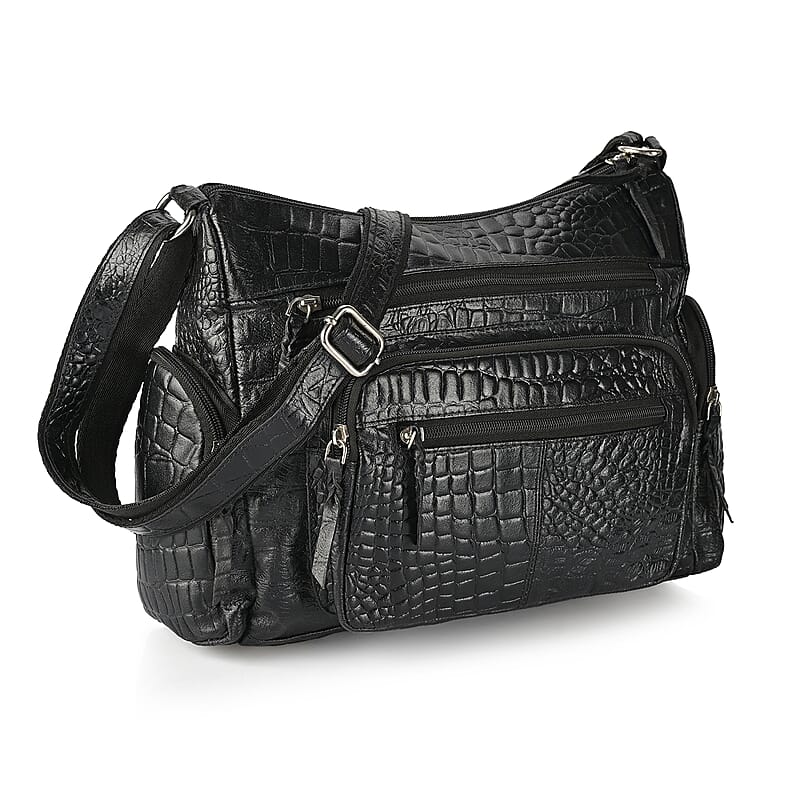 La Marey Black Croco Genuine Leather Multi Pocket Sling Crossbody Bag with Front Pocket