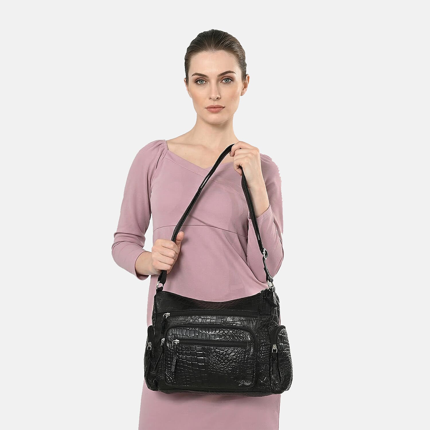 La Marey Black Croco Genuine Leather Multi Pocket Sling Crossbody Bag with Front Pocket