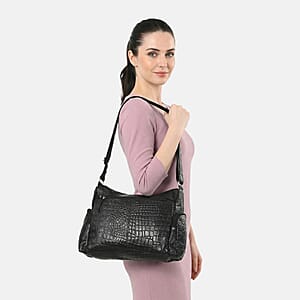 La Marey Black Croco Genuine Leather Multi Pocket Sling Crossbody Bag with Front Pocket