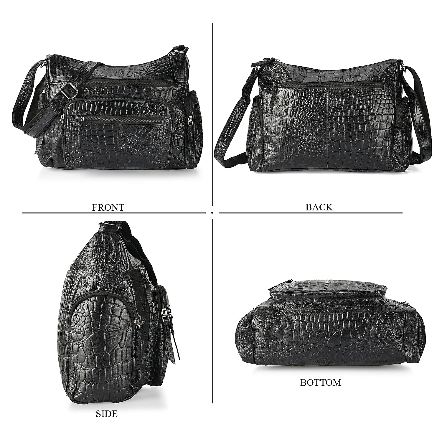 La Marey Black Croco Genuine Leather Multi Pocket Sling Crossbody Bag with Front Pocket