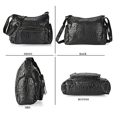 La Marey Black Croco Genuine Leather Multi Pocket Sling Crossbody Bag with Front Pocket