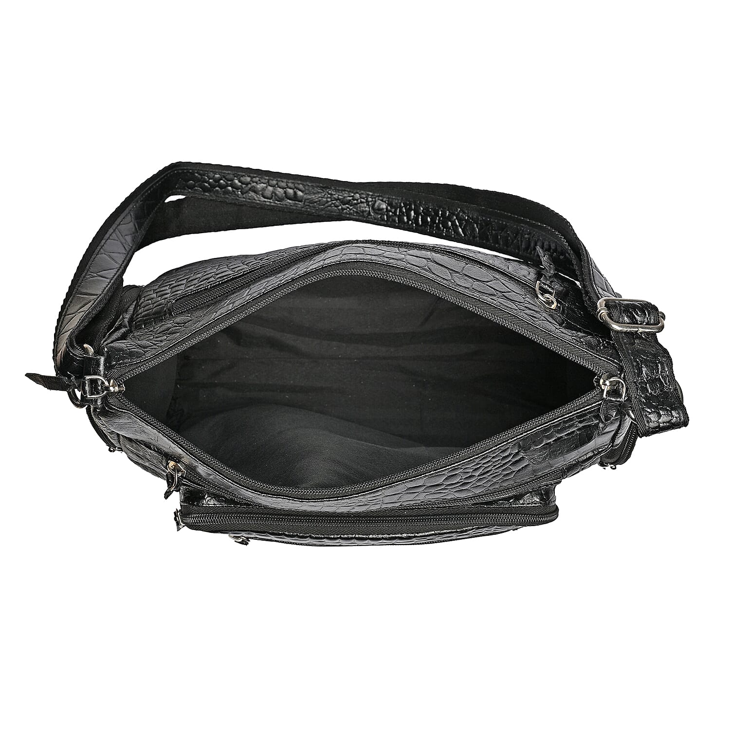 La Marey Black Croco Genuine Leather Multi Pocket Sling Crossbody Bag with Front Pocket