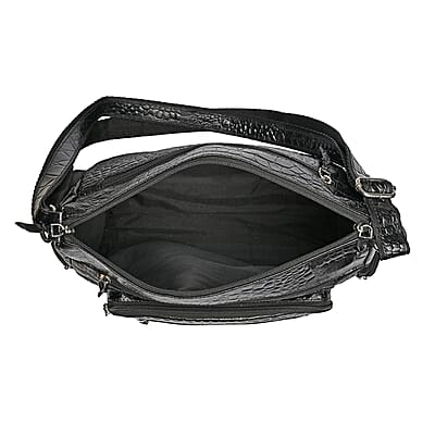 La Marey Black Croco Genuine Leather Multi Pocket Sling Crossbody Bag with Front Pocket