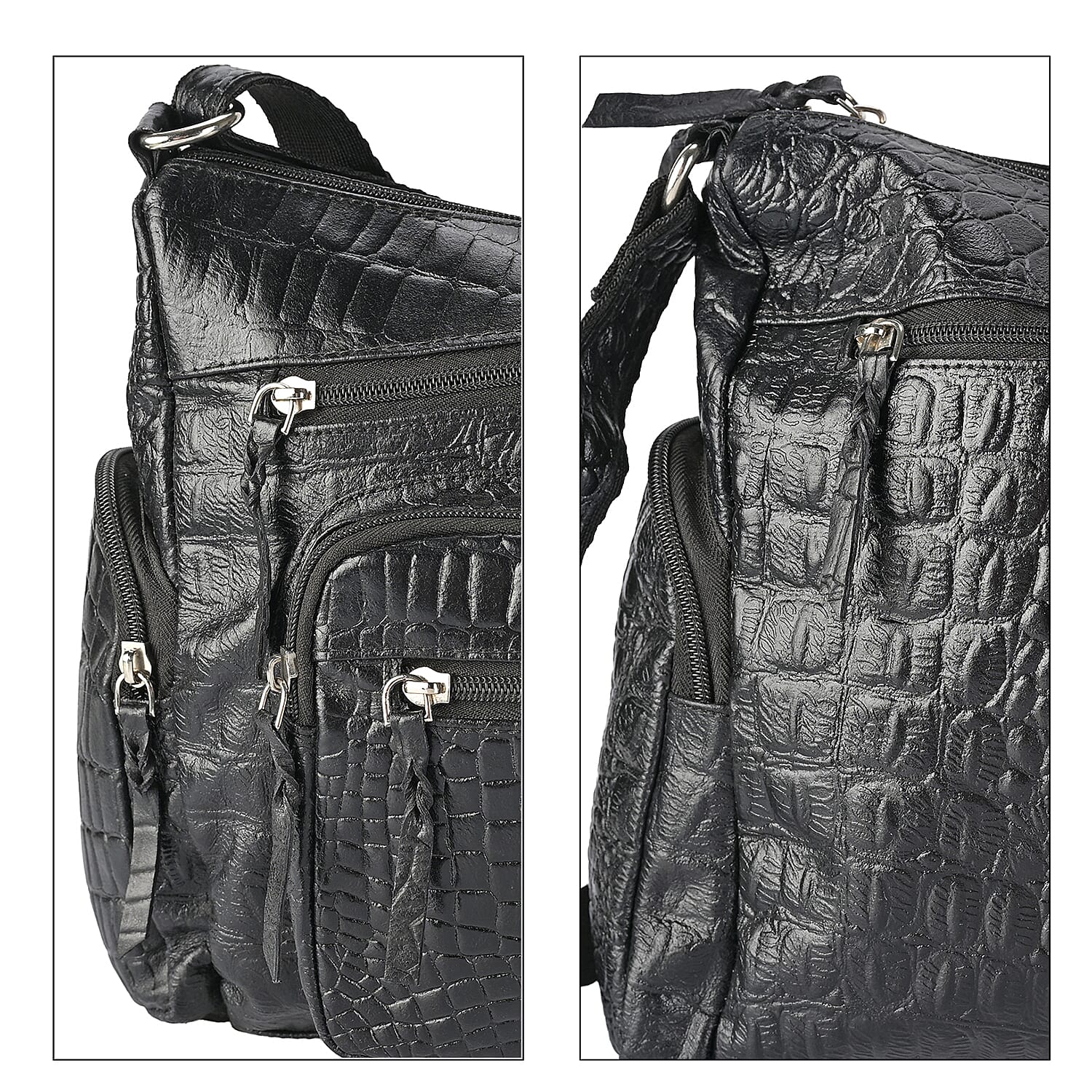 La Marey Black Croco Genuine Leather Multi Pocket Sling Crossbody Bag with Front Pocket