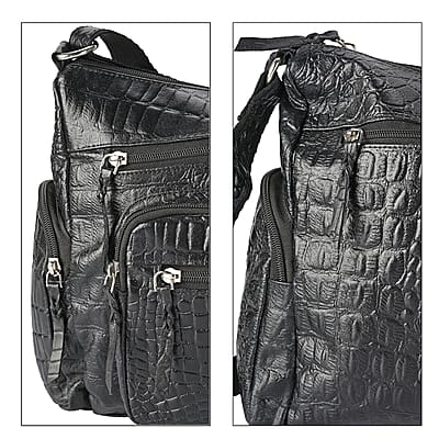 La Marey Black Croco Genuine Leather Multi Pocket Sling Crossbody Bag with Front Pocket