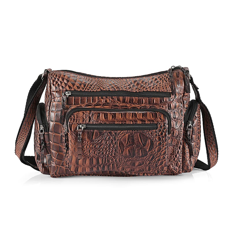 La Marey Brown Croco Print Genuine Leather Multi Pocket Sling Crossbody Bag with Front Pocket RFID