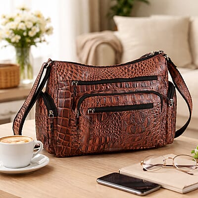 La Marey Brown Croco Print Genuine Leather Multi Pocket Sling Crossbody Bag with Front Pocket RFID