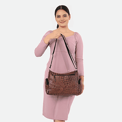La Marey Brown Croco Print Genuine Leather Multi Pocket Sling Crossbody Bag with Front Pocket RFID
