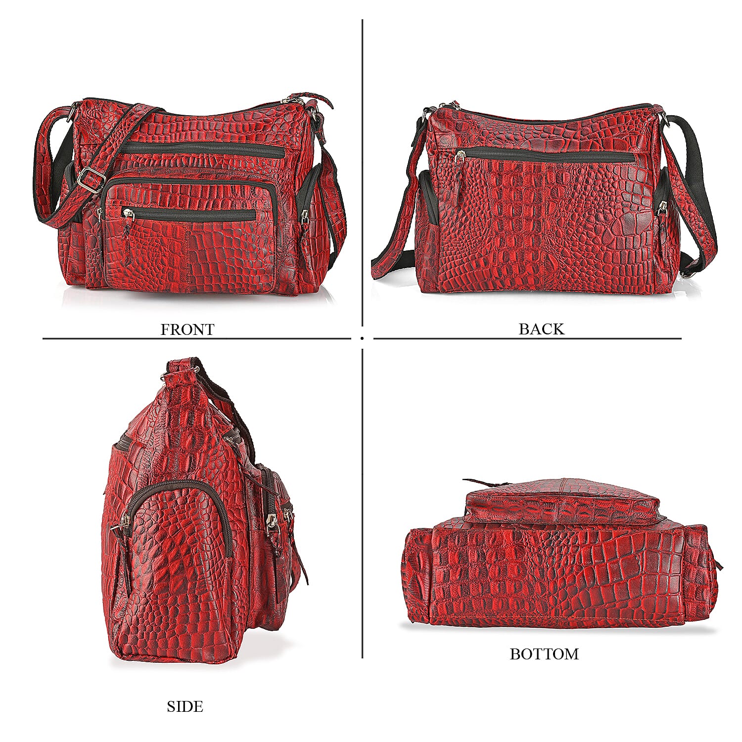 La Marey Red Croco Genuine Leather Multi Pocket Sling Crossbody Bag with Front Pocket