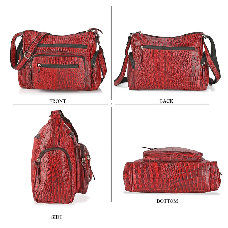 La Marey Red Croco Genuine Leather Multi Pocket Sling Crossbody Bag with Front Pocket