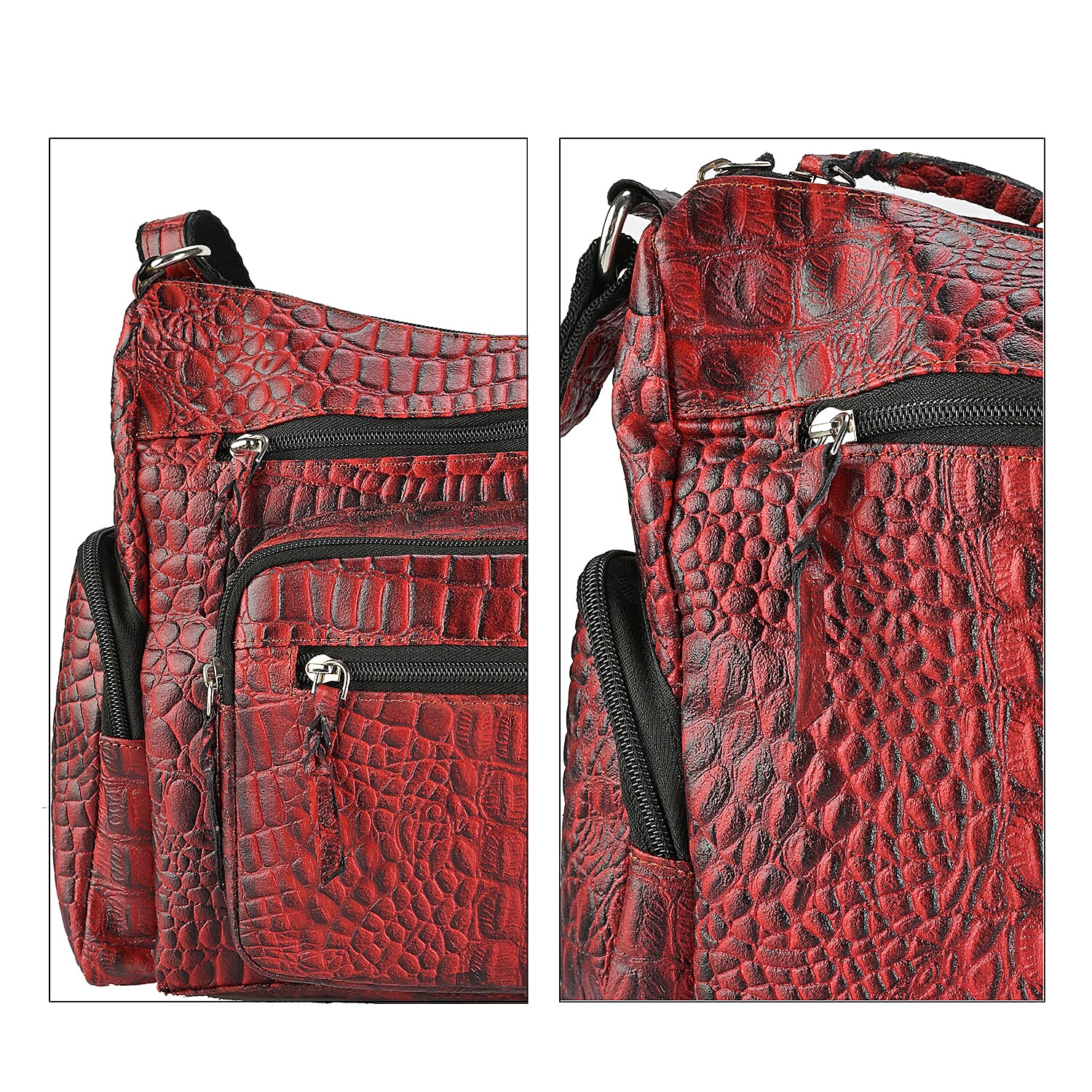 La Marey Red Croco Genuine Leather Multi Pocket Sling Crossbody Bag with Front Pocket