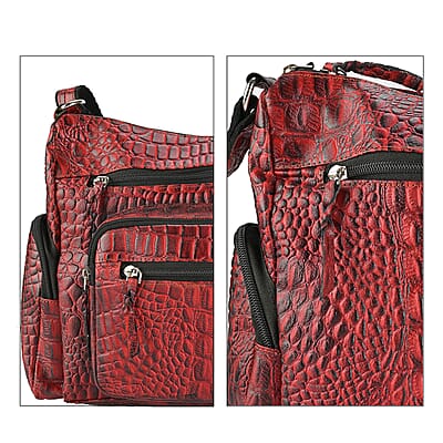 La Marey Red Croco Genuine Leather Multi Pocket Sling Crossbody Bag with Front Pocket