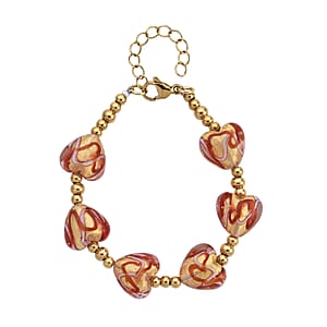 Green Murano Style Heart Bracelet in ION Plated YG Stainless Steel (7.00-8.5In)