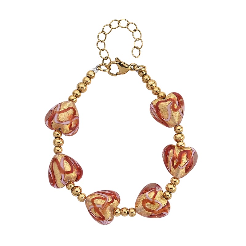 24k Gold Flakes Red Murano Style Heart Bracelet in ION Plated YG Stainless Steel (7.00-8.5In)