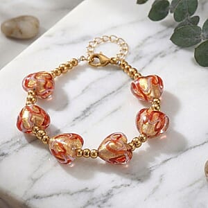 Green Murano Style Heart Bracelet in ION Plated YG Stainless Steel (7.00-8.5In)