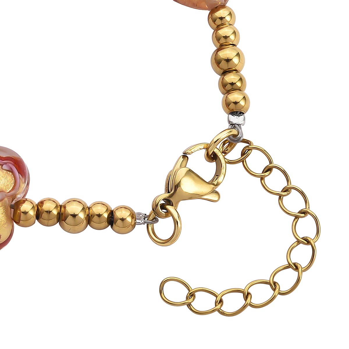 Green Murano Style Heart Bracelet in ION Plated YG Stainless Steel (7.00-8.5In) image number 4