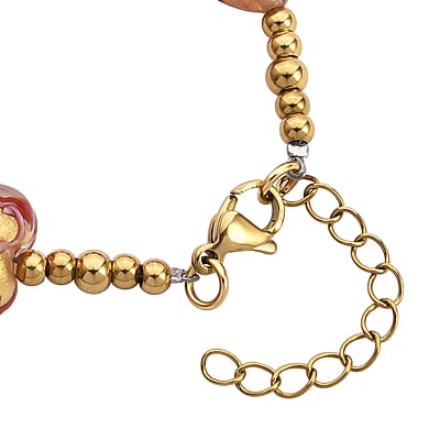 24k Gold Flakes Red Murano Style Heart Bracelet in ION Plated YG Stainless Steel (7.00-8.5In)
