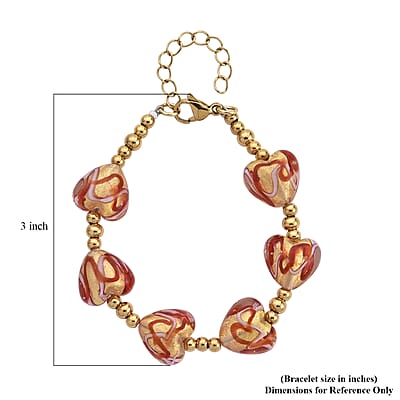 24k Gold Flakes Red Murano Style Heart Bracelet in ION Plated YG Stainless Steel (7.00-8.5In)