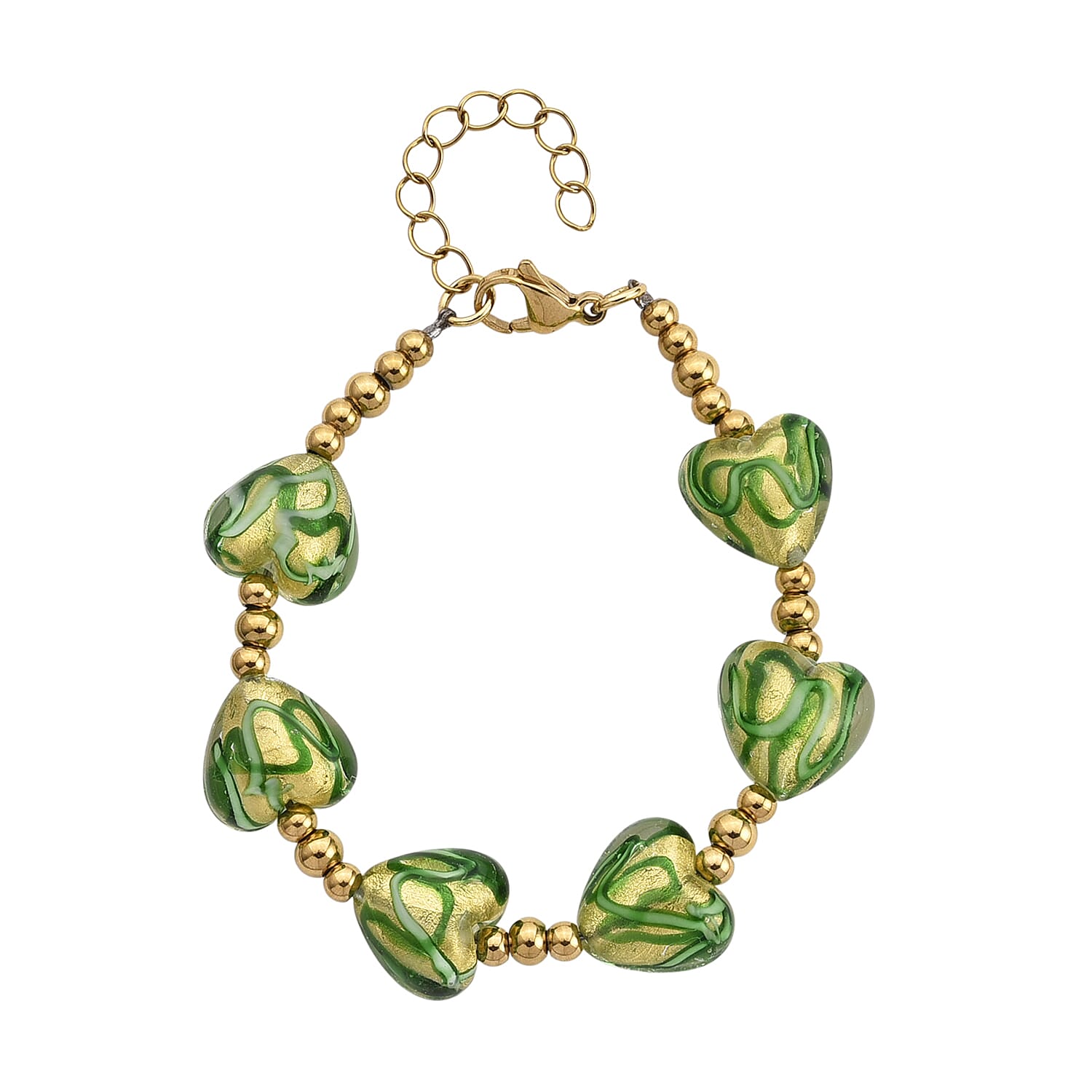 24k Gold Flakes Green Murano Style Heart Bracelet in ION Plated YG Stainless Steel (7.00-8.5In)