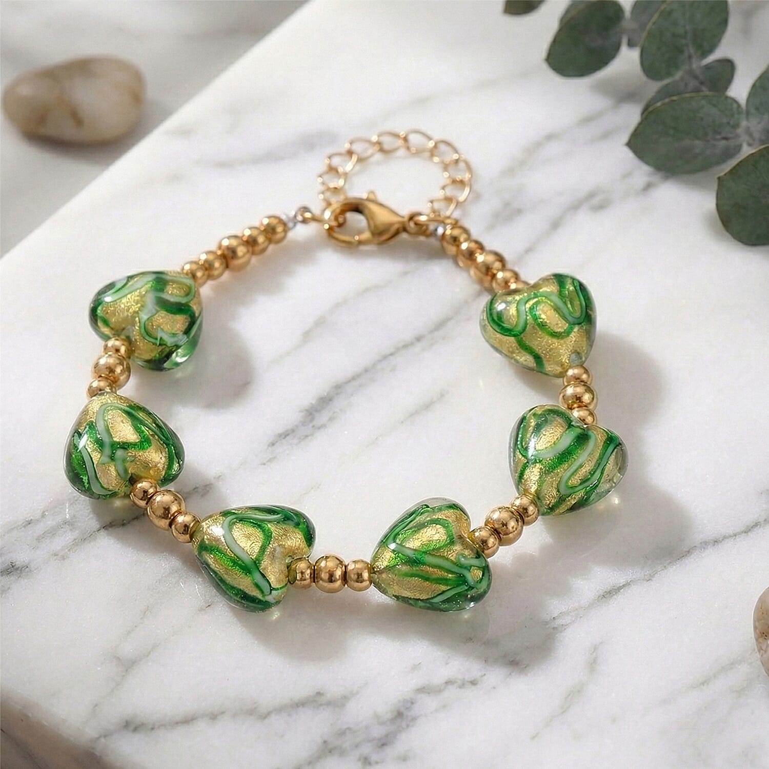 24k Gold Flakes Green Murano Style Heart Bracelet in ION Plated YG Stainless Steel (7.00-8.5In)
