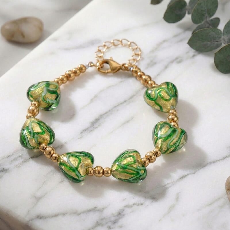 24k Gold Flakes Green Murano Style Heart Bracelet in ION Plated YG Stainless Steel (7.00-8.5In)