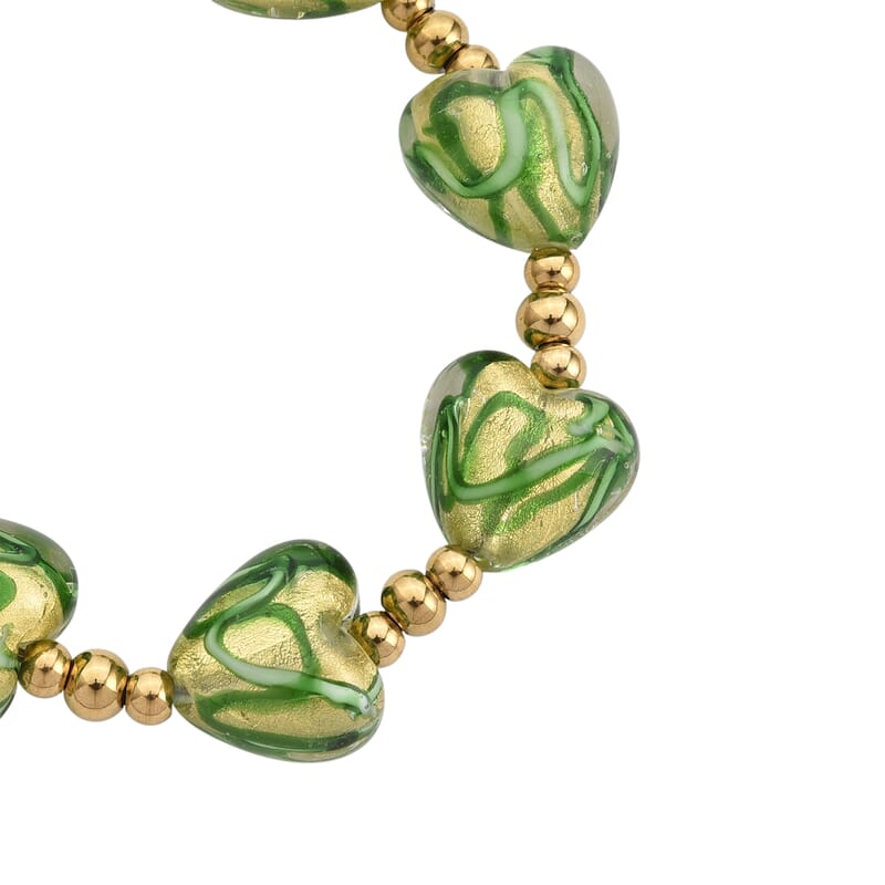 24k Gold Flakes Green Murano Style Heart Bracelet in ION Plated YG Stainless Steel (7.00-8.5In)