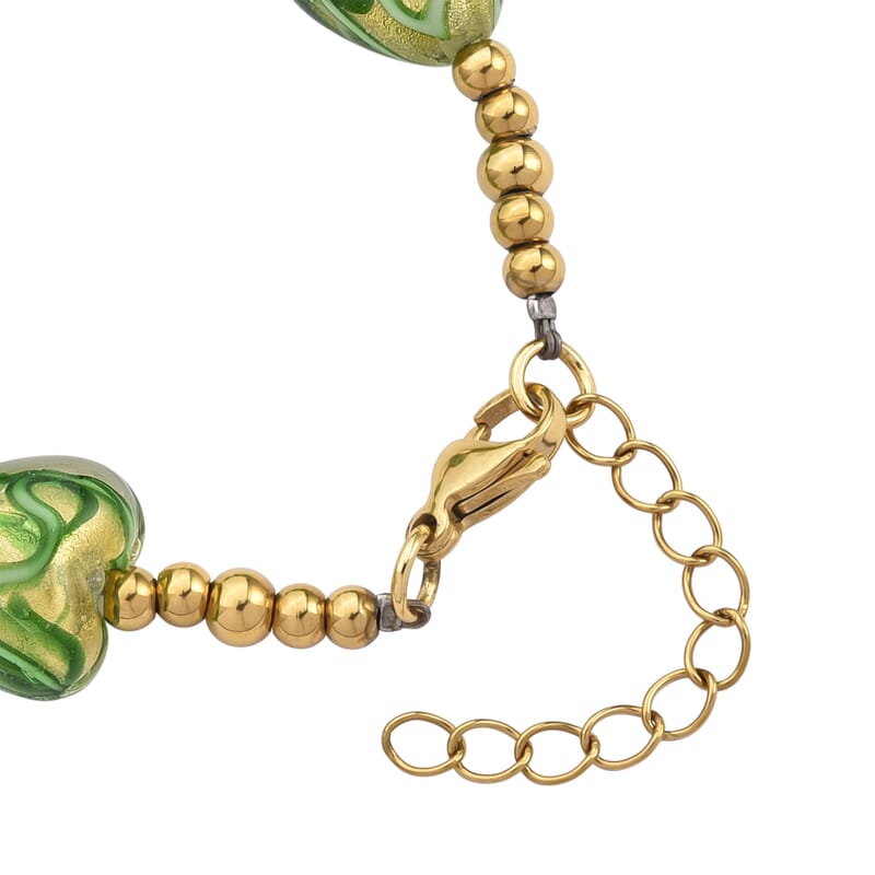 24k Gold Flakes Green Murano Style Heart Bracelet in ION Plated YG Stainless Steel (7.00-8.5In)