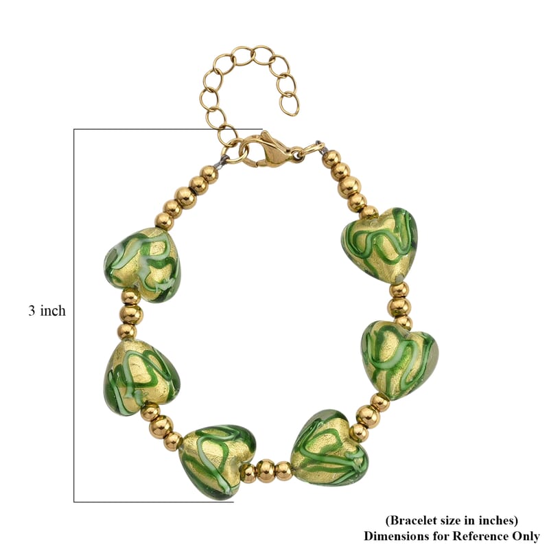 24k Gold Flakes Green Murano Style Heart Bracelet in ION Plated YG Stainless Steel (7.00-8.5In)