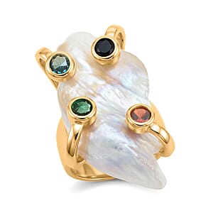 White Keshi Pearl, Simulated Multi Color Diamond Ring in Goldtone (Adjustable)