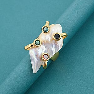 White Keshi Pearl, Simulated Multi Color Diamond Ring in Goldtone (Adjustable)