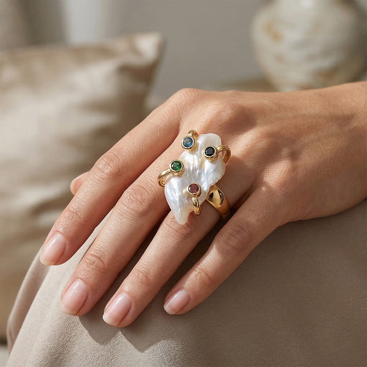 White Keshi Pearl, Simulated Multi Color Diamond Ring in Goldtone (Adjustable) image number 2